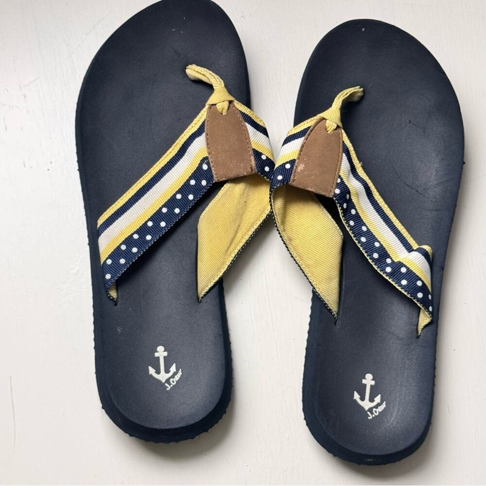 J.Crew Navy and Yellow Polka Dot Anchor  Style Flip Flops Sz 7